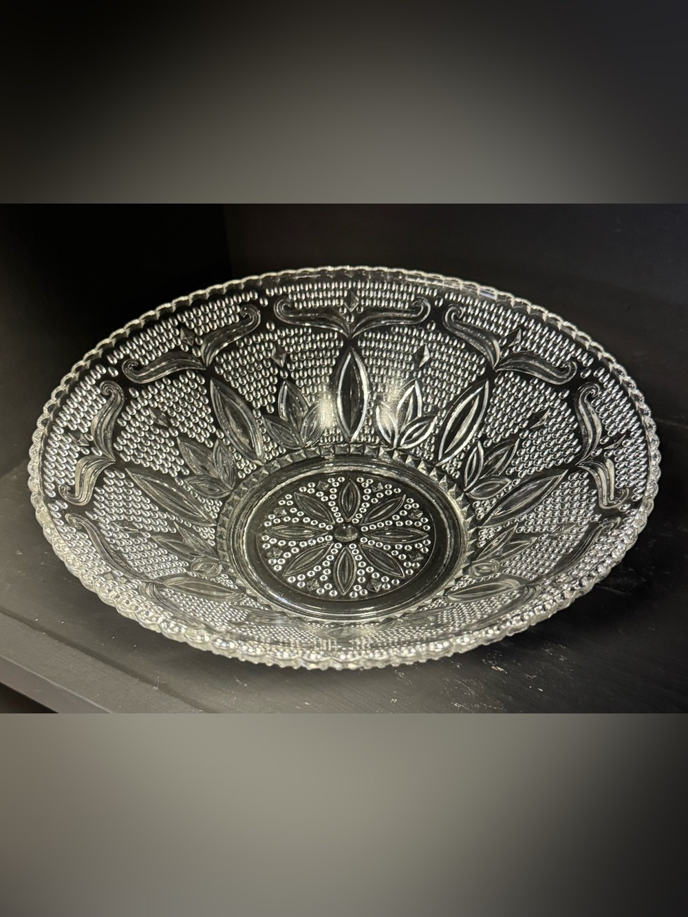 Decorative Pressed Glass Serving Bowl - Clear Floral Pattern